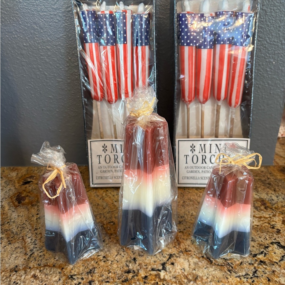 Americana Patriotic NWT mini torches and set of 3 red white blue candles